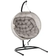 Outsunny Hanging Egg Chair Outdoor Indoor Garden Swing Chair with Folding Basket, Garden Hanging Chair with Stand, Thickened Cushion, Cup Holder for Patio, Balcony, Sand Brown - 1