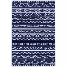 Outsunny Reversible Outdoor Rug with Carry Bag, Waterproof Plastic Straw Mat for Garden, Deck, RV, Picnic, Beach, Camping, 182 x 274cm, Dark Blue and White - 1