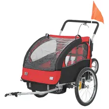 HOMCOM 2 Seat Bike Trailer with 5 Point Harness, Baby Bike Stroller with Safety Flag, Reflectors, for 18+ Months, Red - 1