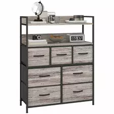 HOMCOM Rustic Chest of Seven Fabric Drawers - Grey Wood Effect - 1