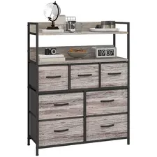 HOMCOM Rustic Chest of Seven Fabric Drawers - Grey Wood Effect - 1