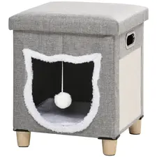 PawHut Cat House Cave, Cat Bed Cube with Scratching Pad, Soft Detachable & Washable Cushion, Toy Ball, for Indoor Kittens, Grey - 1