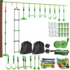 AIYAPLAY Obstacle course for Kids, with 10-Piece Slackline Kit with Monkey Bars, Gym Rings, Rope Ladder, Nest Swing, Hanging Tray - 1