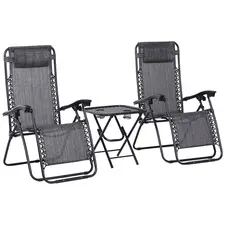 Outsunny 3pcs Folding Zero Gravity Chairs Sun Lounger Table Set w/ Cup Holders Reclining Garden Yard Pool, Light Grey - 1