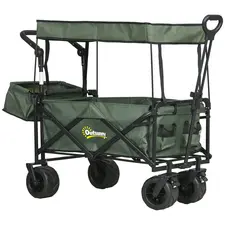 Outsunny Folding Trolley Cart Storage Wagon Beach Trailer 4 Wheels with Handle Overhead Canopy Cart Push Pull for Camping, Green - 1