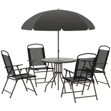 Outsunny 6 Piece Garden Dining Set with Umbrella, Patio Sets with Parasol with 4 Folding Dining Chairs & Round Tempered Glass Table, Black - 1