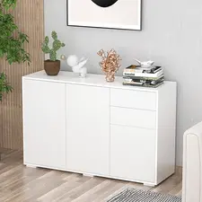 HOMCOM High Gloss Side Cabinet, Push-Open Design with 2 Drawers and 2 Cabinets for Living Room, 74H x 117W x 36Dcm, White - 1