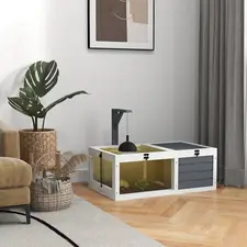 PawHut Tortoise Table with Wooden Lamp Holder, Wooden Tortoise House w/ Openable Lids, Pull-Out Trays - Grey - 1