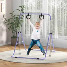 HOMCOM Adjustable Height, Foldable Kids Gymnastics Bar w/ Non-slip Rubber Floor Rings, for 3+ Years, Purple - 1