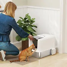 PawHut Stainless Steel Cat Litter Box with Removable Lid, Scoop, Filter Bags, for Larger Cats, White - 1