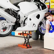 HOMCOM 500 kg Motorcycle Scissor Lift Jack, Heavy Duty Steel Adjustable Motorbike Lifting Hoist Stand with Safety Pin, Foldable Lifter for Dirt Bike Repair Maintenance, 45x15 cm Large Platform, Orange - 1