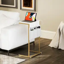 HOMCOM C-Shaped Bedside Table with Charging Station, Marble Grain Side Table with Power Outlets & USB Ports, Storage Bags, for Bedroom, Living Room, White - 1
