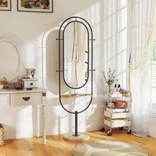 HOMCOM Oval Full Length Mirror with Wooden Tray and 4 Hooks - Black - 1