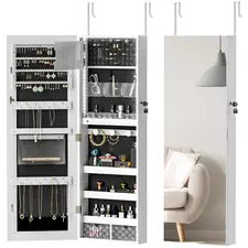 HOMCOM 108 x 37cm Lockable Jewellery Cabinet, with LED Lights - White Surface and Black Lining - 1