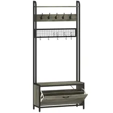HOMCOM 5-In-1 Industrial-Style Hallway Tree - Grey/Black - 1