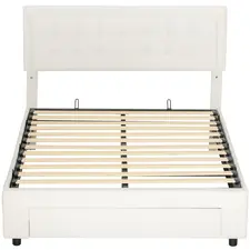 HOMCOM Double Ottoman Bed Frame, with Front Drawer - Cream - 1