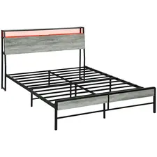 HOMCOM Double Steel Bed Frame, with LED Lights and Shelf - Grey - 1