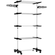 HOMCOM Four-Shelf Collapsing Clothes Horse, With Side Arms and Wheels - Black - 1