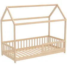 HOMCOM House-Shaped Kids Bed Frame with Guard Rails, Solid Pine Wood Single Bed Frame for Kids Boys and Girls, Natural - 1