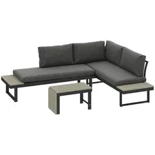 Outsunny 4 Seater L Shaped Aluminium Sectional Garden Furniture Set with 2 Loveseats and Wood-Plastic Coffee Table - Dark Grey - 1