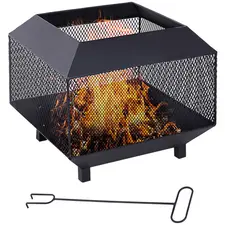 Outsunny Metal Square Fire Pit Outdoor Mesh Firepit Brazier w/ Lid, Log Grate, Poker for Backyard, Camping, Bonfire, Wood Burning Stove, 44 x 44 x 40cm, Black - 1
