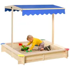 Outsunny Kids Wooden Sand Pit Sandbox Children Square Outdoor Playset Adjustable Canopy Bench Seat 120x120x120cm - 1