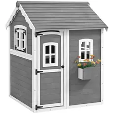 Outsunny Wooden Playhouse for Kids with Doors, Windows, Plant Box, Floors, for Ages 3-8 Years, for Gardens, Lawns, Patios - Grey - 1