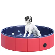 PawHut Foldable Dog Pool, 80 x 20 cm Pet Paddling Pool with Wood Board Support and Anti-Slip Bottom, Portable Doggy Paddling Pool for Garden and Outdoor Use, Red - 1