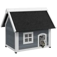 PawHut Outdoor Cat House, Wooden Feral Cat Shelter, with Openable Asphalt Roof, Three Doors - Grey - 1