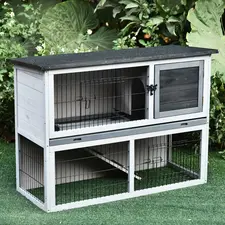 PawHut Small Animal Two-Level Fir Wood Guinea Pigs Hutches Bunny Cage w/ Slide Out Tray Grey - 1