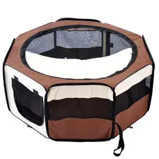 PawHut Portable Cat Dog Playpen Pet Puppy Rabbit Guinea Pig Pen Run Dia 90 x 41H cm Indoor & Outdoor Brown - 1