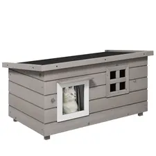 PawHut Wooden Outdoor Cat House, Elevated Cat Shelter Kennel, Pet Play House with Openable Top, Asphalt Roof, Window, Grey - 1