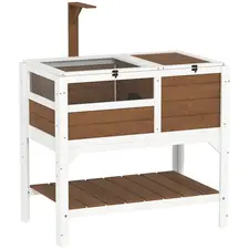 PawHut Wooden Tortoise House, with Shelter, Run, Shelf, Lamp Holder, Tray - Brown - 1