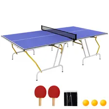 SPORTNOW 9FT Foldable Table Tennis Table, with Cover, Net, Paddles, Balls - Blue - 1