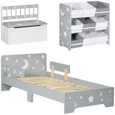 ZONEKIZ 3PCs Kids Furniture Bedroom Set with Bed, Toy Box Bench, Storage Unit with Baskets, Star and Moon Patterns, for 3-6 Years Old Boys Girls, Grey - 1