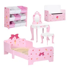 ZONEKIZ 5PCs Kids Bedroom Furniture Set with Bed, Toy Box Bench, Storage Unit, Dressing Table and Stool, Princess Themed, for 3-6 Years Old, Pink - 1