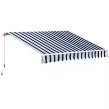 Outsunny Manual Retractable Awning, 3.5x2.5 m-Dark Blue/White Stripes - 1