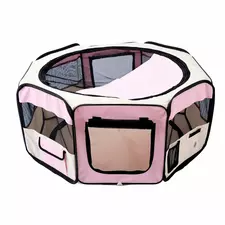 PawHut Portable Cat Dog Playpen Pet Puppy Rabbit Guinea Pig Pen Run Dia 90 x 41H cm Indoor & Outdoor Pink - 1