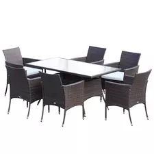 Outsunny 6 Seater Rattan Dining Set with Cushions, Rattan Garden Furniture Set with 6 Armchairs, Rectangular Glass Top Table, Outdoor Dining Table and Chairs, Brown - 1