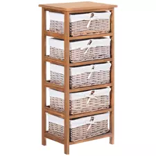 HOMCOM 5 Drawer Dresser Wicker Basket Storage Shelf Unit Wooden Frame Home Organisation Cabinet Bedroom Office Furniture Natural Finish - 1
