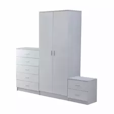 HOMCOM High Gloss 3 Piece Trio Bedroom Furniture Set Wardrobe + Chest Of Drawer + Bedside White - 1