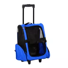 PawHut Pet Travel Backpack Bag Cat Puppy Dog Carrier w/ Trolley and Telescopic Handle Portable Stroller Wheel Luggage Bag (Blue) - 1