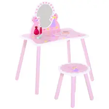HOMCOM Kids Dressing Table Girls Pink Wooden Kids Dressing Table & Stool Make Up Desk Chair Toys Fairy Dresser Play Set w/Mirror - 1