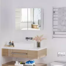 HOMCOM 80 x 15 cm Double Door Bathroom Mirror Cabinet - White - 1