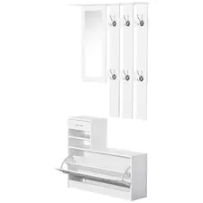 HOMCOM 2PC Shoes Storage Chest Cloths Rack Unit w/Mirror Multiple Shelves Large Storage Capacity Shoes Cabinet 6 Hooks Cloth Rack White - 1