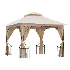 Outsunny 3 x 3(m) Garden Gazebo Patio Party Tent Shelter Outdoor Canopy Double Tier Sun Shade Metal Frame Netting, Beige - 1