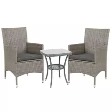 Outsunny 3 Pieces Rattan Bistro Set, Wicker Garden Furniture Set with 2-Tier Coffee Table and Chairs, Washable Cushions, for Outdoor Patio Balcony, Grey - 1