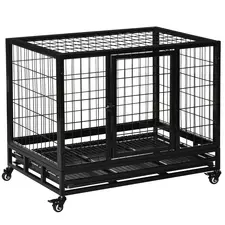 PawHut 36" Heavy Duty Metal Dog Crate Pet Cage with Tray Wheeled Dog Kennel - Black (Medium) - 1