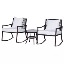 Outsunny Rattan Bistro Set, 3 Pieces Wicker Garden Furniture Set with Rocking Chairs and Round Glass Top Coffee Table, Small Balcony Furniture with Cushions for Outdoor, Porch, Brown - 1