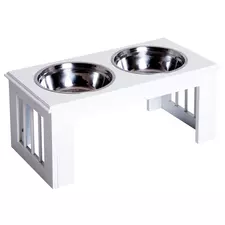 PawHut Raised Dog Feeding Bowls with Stand, Stainless Steel for Medium Dog, 58L x 31W x 25H cm - White - 1